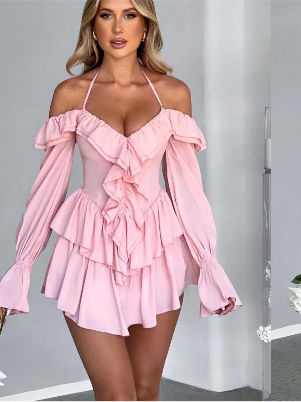 Ruffled Off-Shoulder Halter Mini Dress in Light Pink